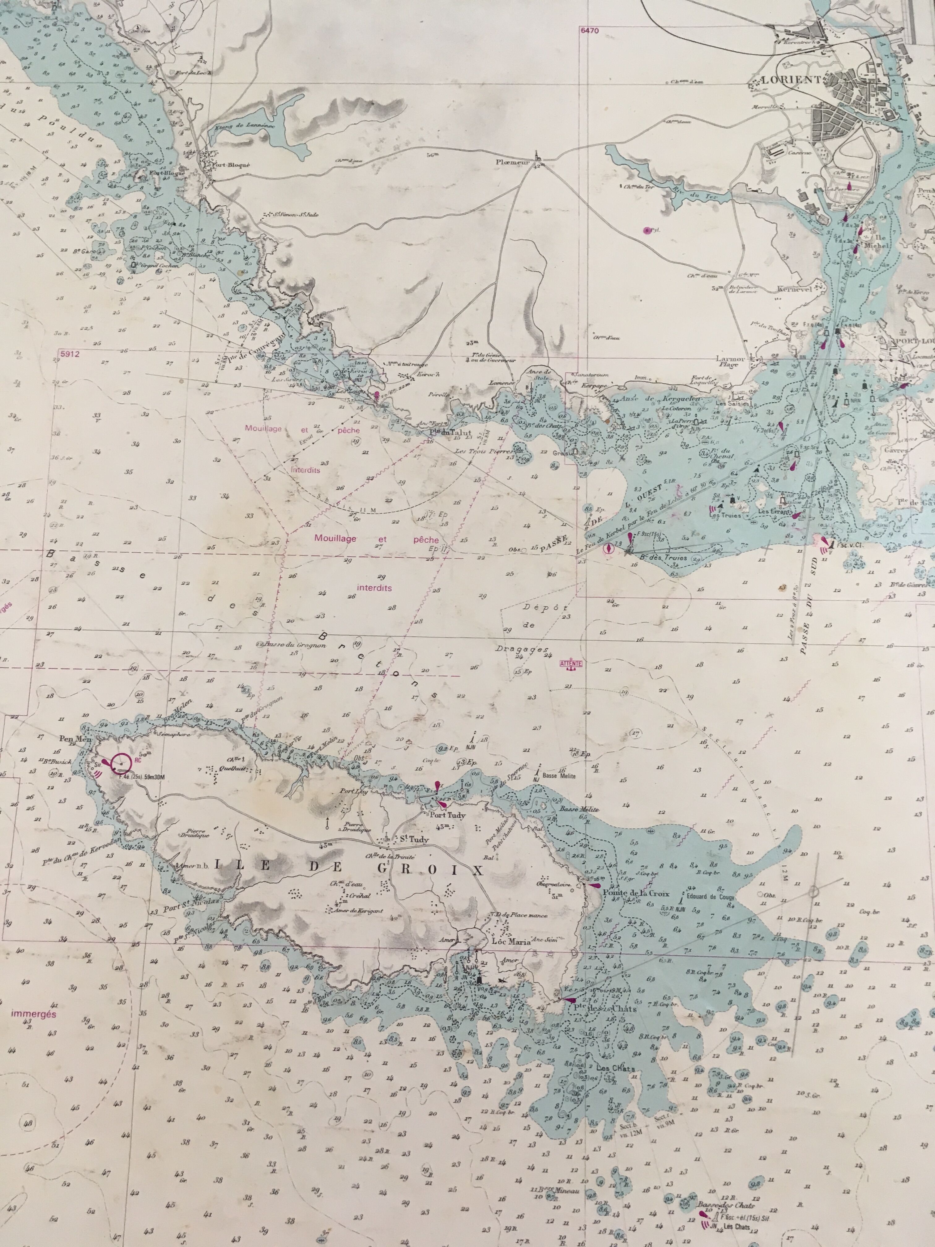 Ancient south Brittany marine map from Trevignon to Lorient