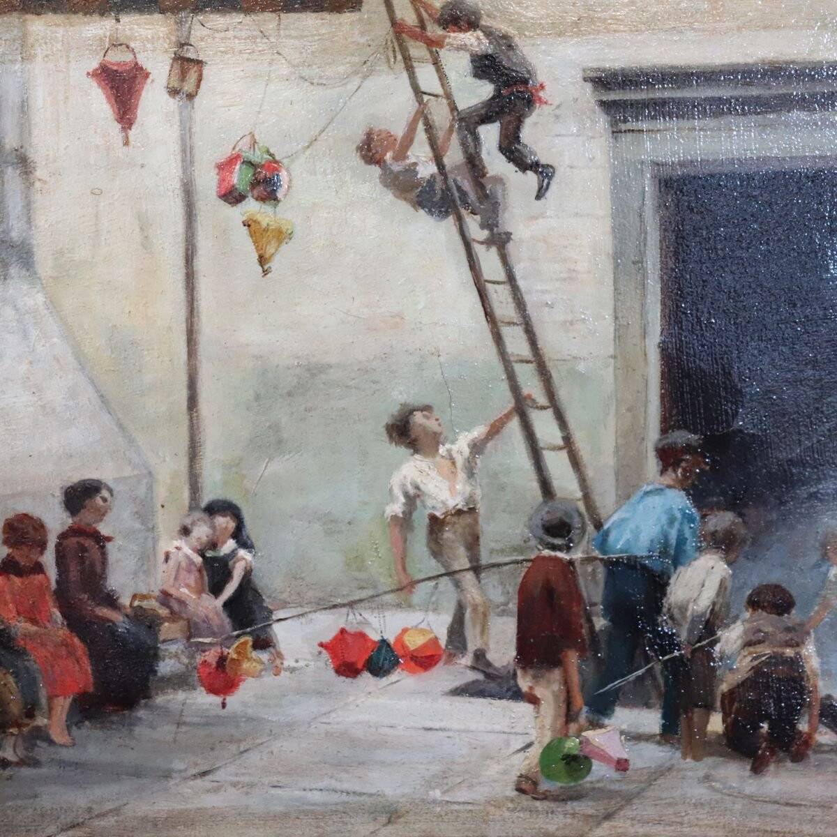 Oil Painting On Canvas, Children At Play, Italy, 19th Century