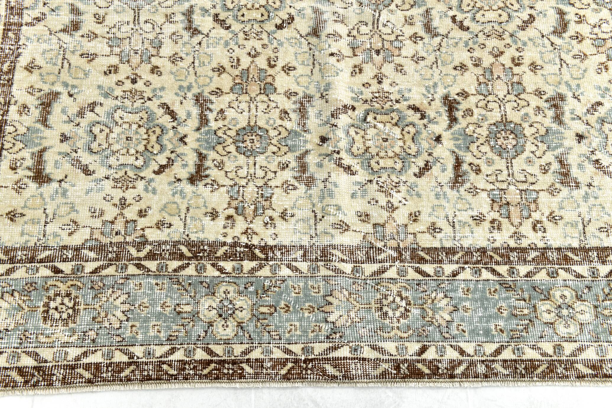 7x10 Turkish Cream Brown Bordered Vintage Rug, 207x316Cm