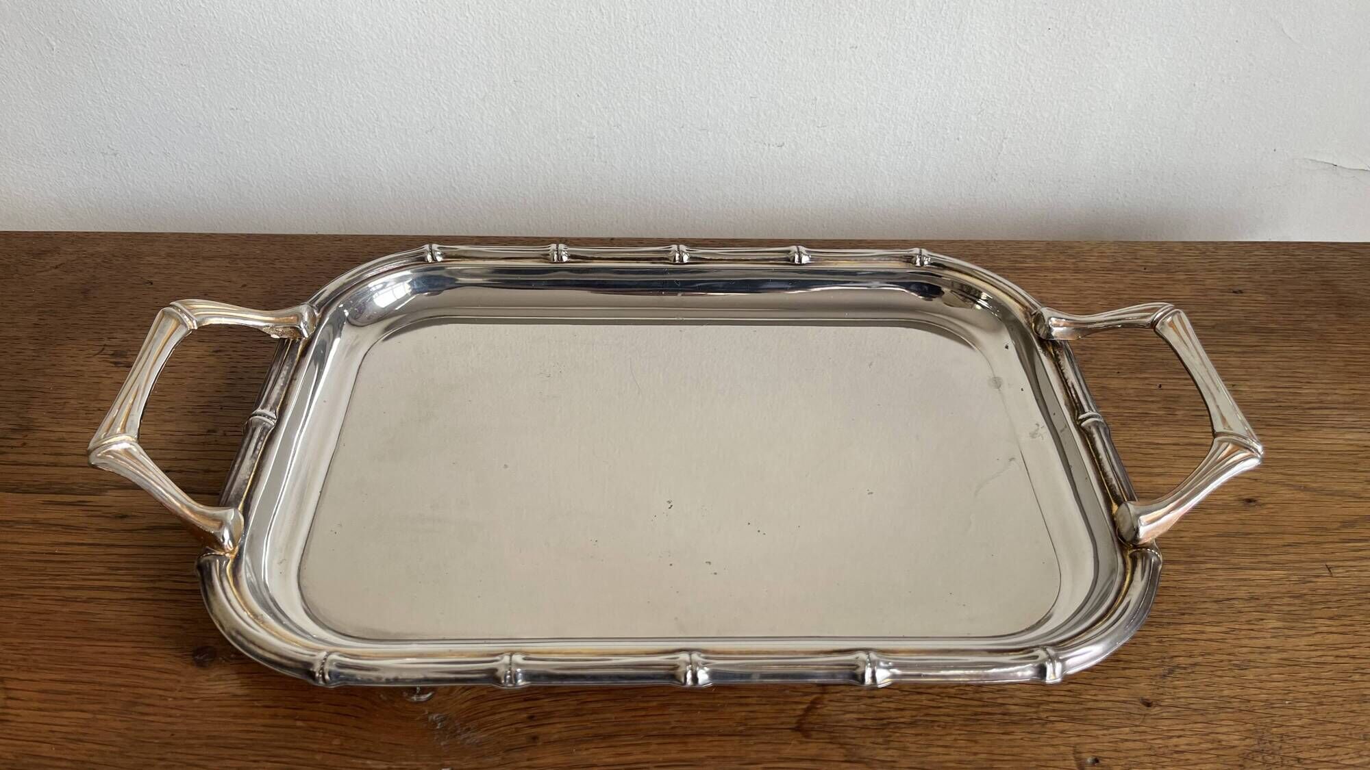 Silver-plated faux bamboo tray USA 1970 Hollywood Regency
