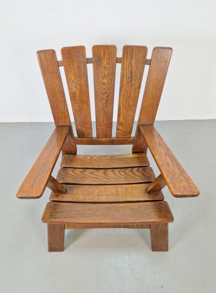 Fauteuil en bois brutaliste avec revêtement en cuir marron, Allemagne, années 1960.