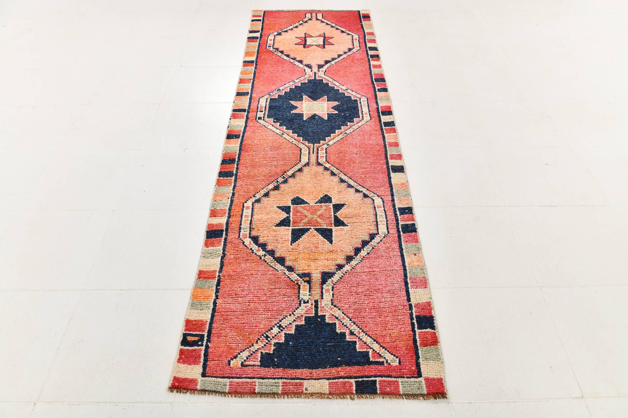 Pomegranate Red & Navy Blue Vintage Runner Rug, Geometric Pattern Runner