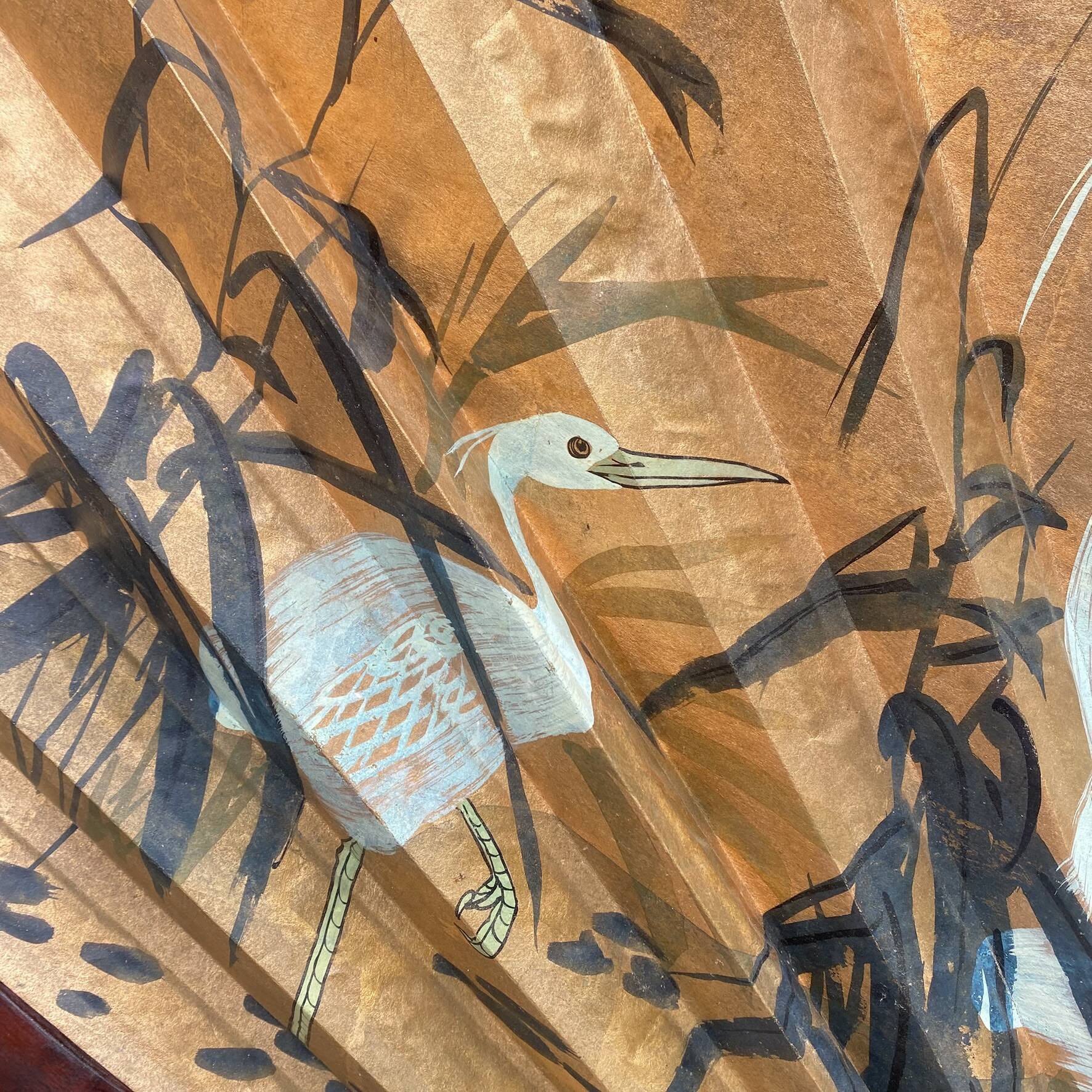 Vintage XXL wall fan hand-painted, Ibis