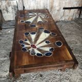 Old 70's Coffee Table Wood + Vintage Painted Ceramic Tiles #A608