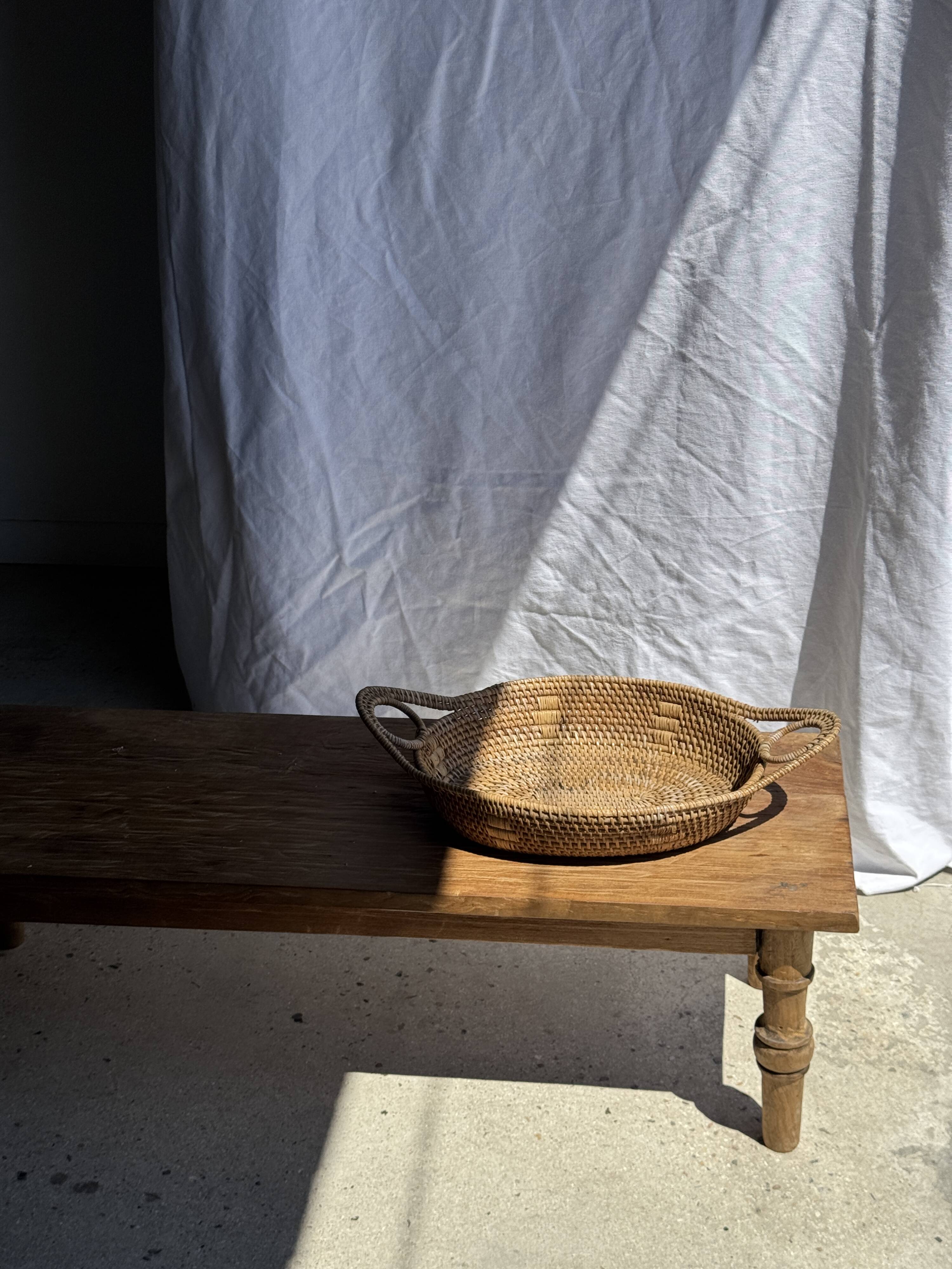 Large flat oval woven rattan basket with handles, Indonesian L53x64