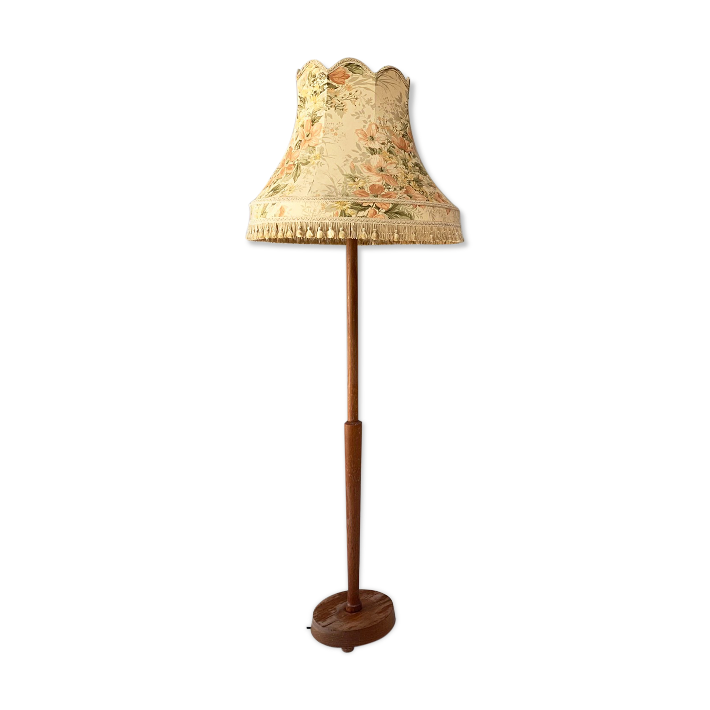 Vintage retro teak floor standard lamp / large fringed floral shade