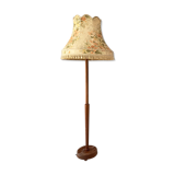 Vintage retro teak floor standard lamp / large fringed floral shade