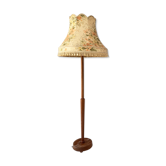 Vintage retro teak floor standard lamp / large fringed floral shade