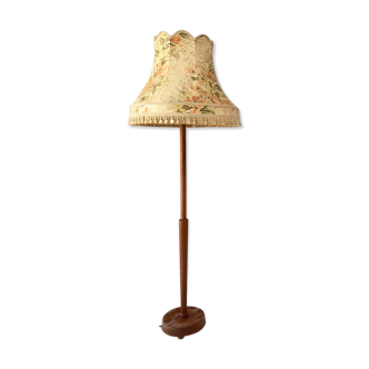 Vintage retro teak floor standard lamp / large fringed floral shade