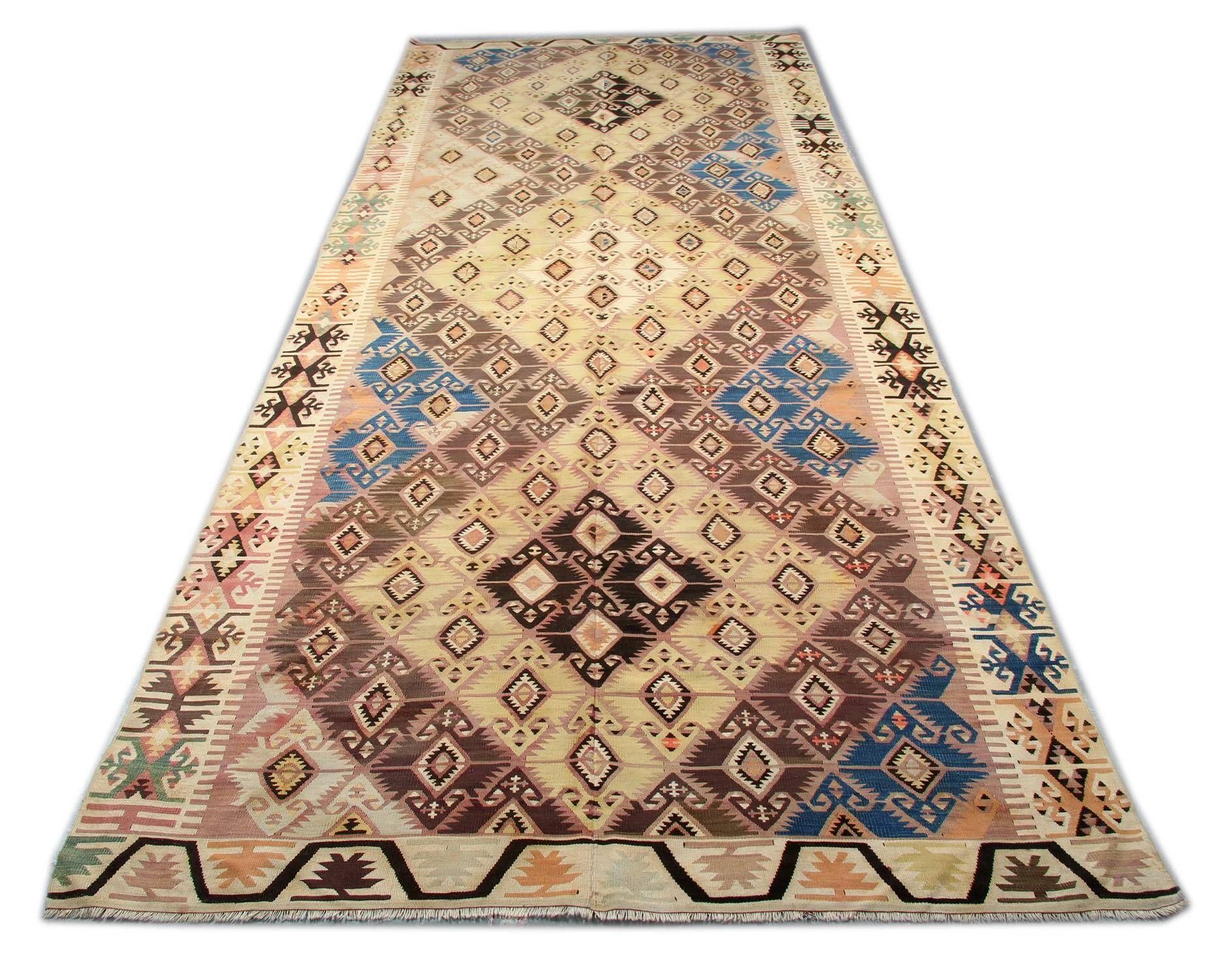 Antique Anatolian Carpet, Hand-Woven Runner, Turkish Kilim