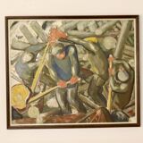 Huile sur panneau suédoise « Bûcherons »