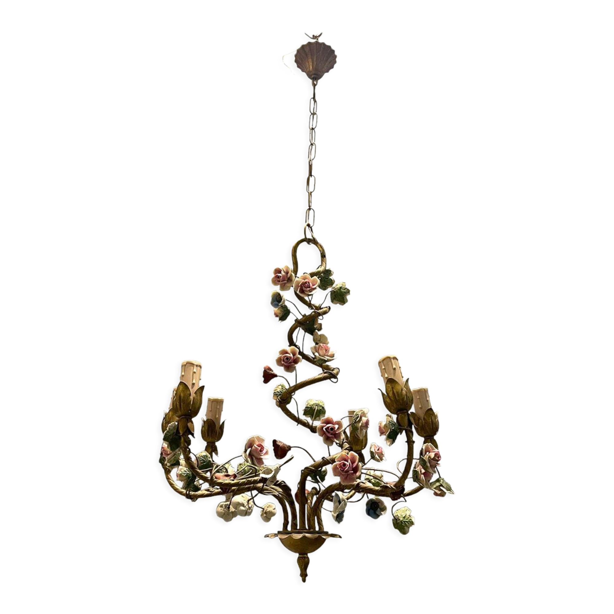 Italian Tole Ceramic Flower Chandelier, 1960s
