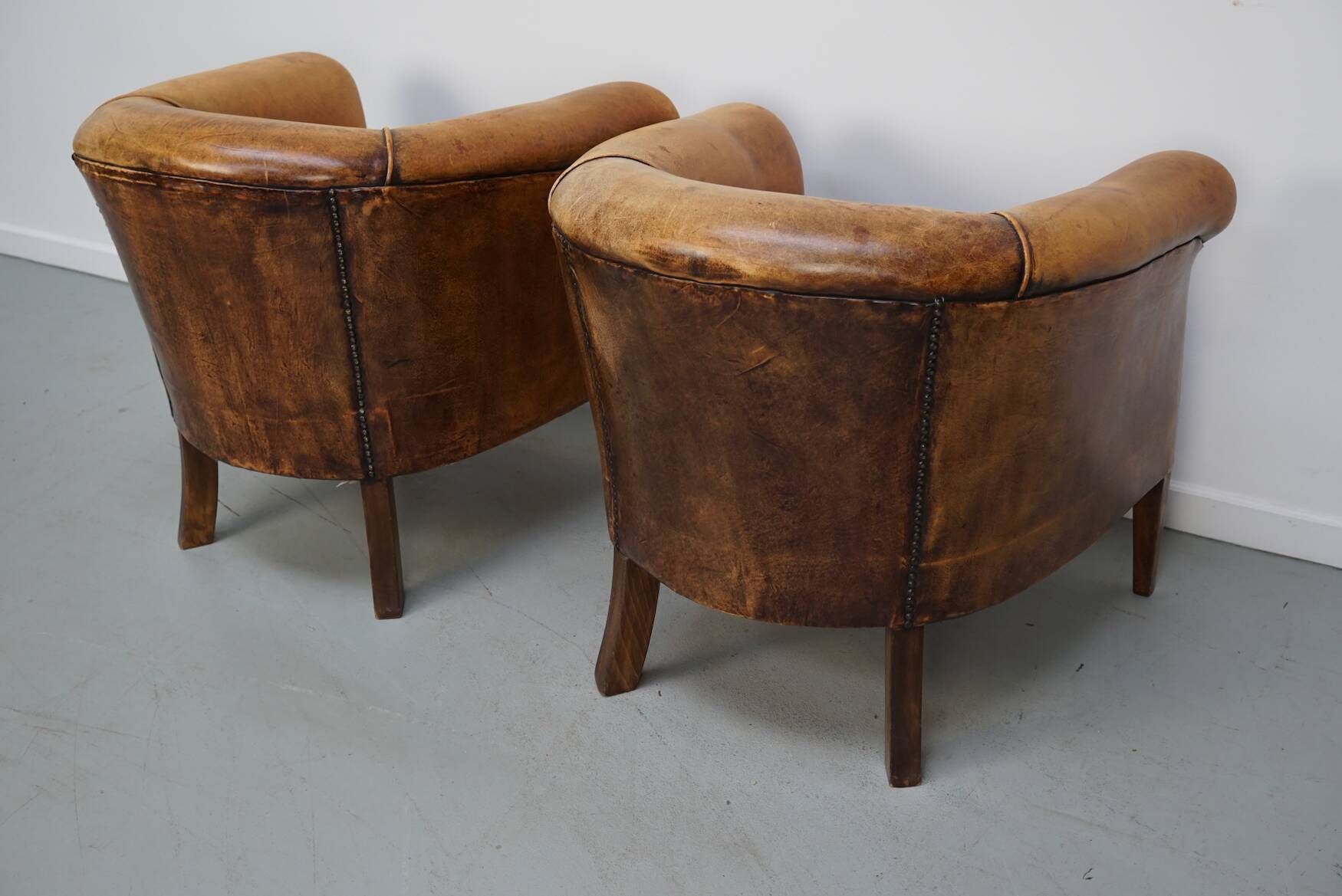 Vintage Dutch Cognac Leather Club Chairs, Set of 2