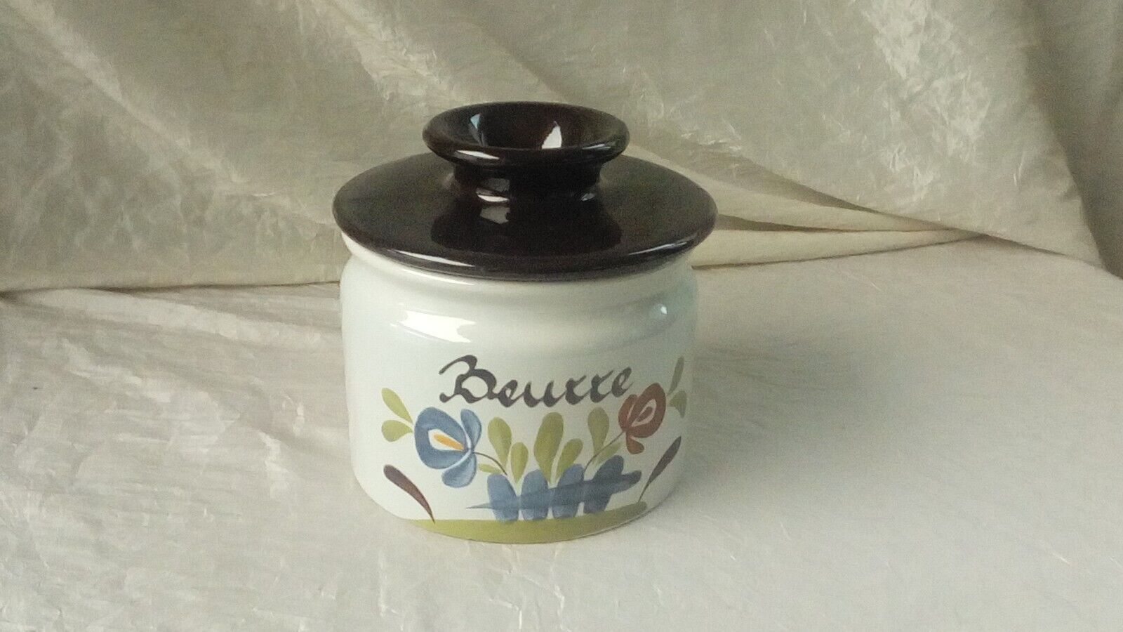 Water butter dish in faiece desvres gabriel fourmaintreau decor chaumiere