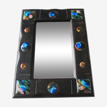 Mirror rectangle frame dark wood with enamel decorations on copper 1960