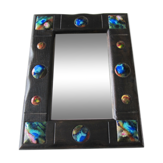 Mirror rectangle frame dark wood with enamel decorations on copper 1960