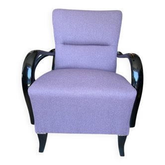 Art Deco armchair in plum fabric and black lacquered wood, 1920s.