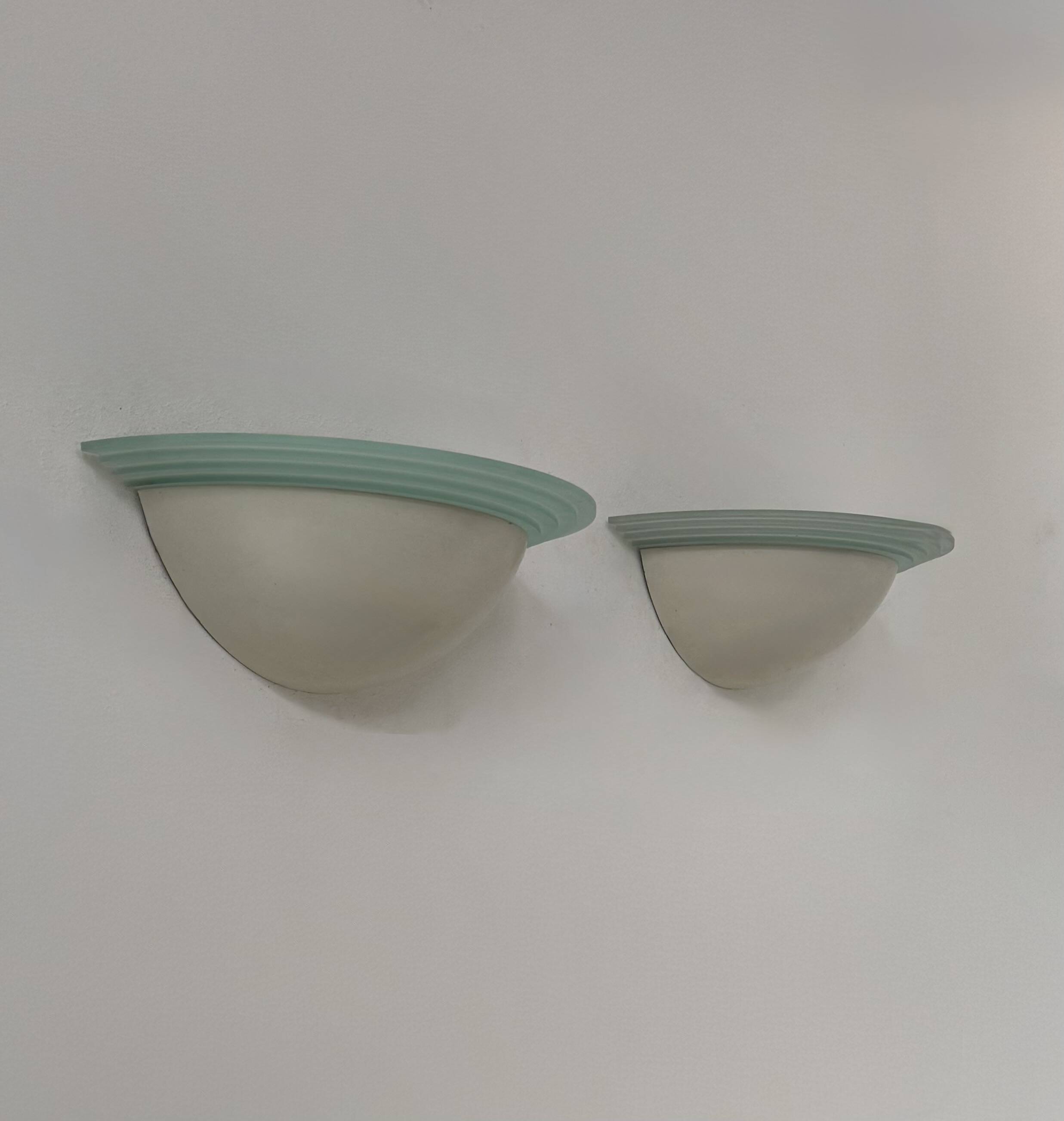 Pair of vintage half-moon wall lights, perspex and white metal, France, 1970.