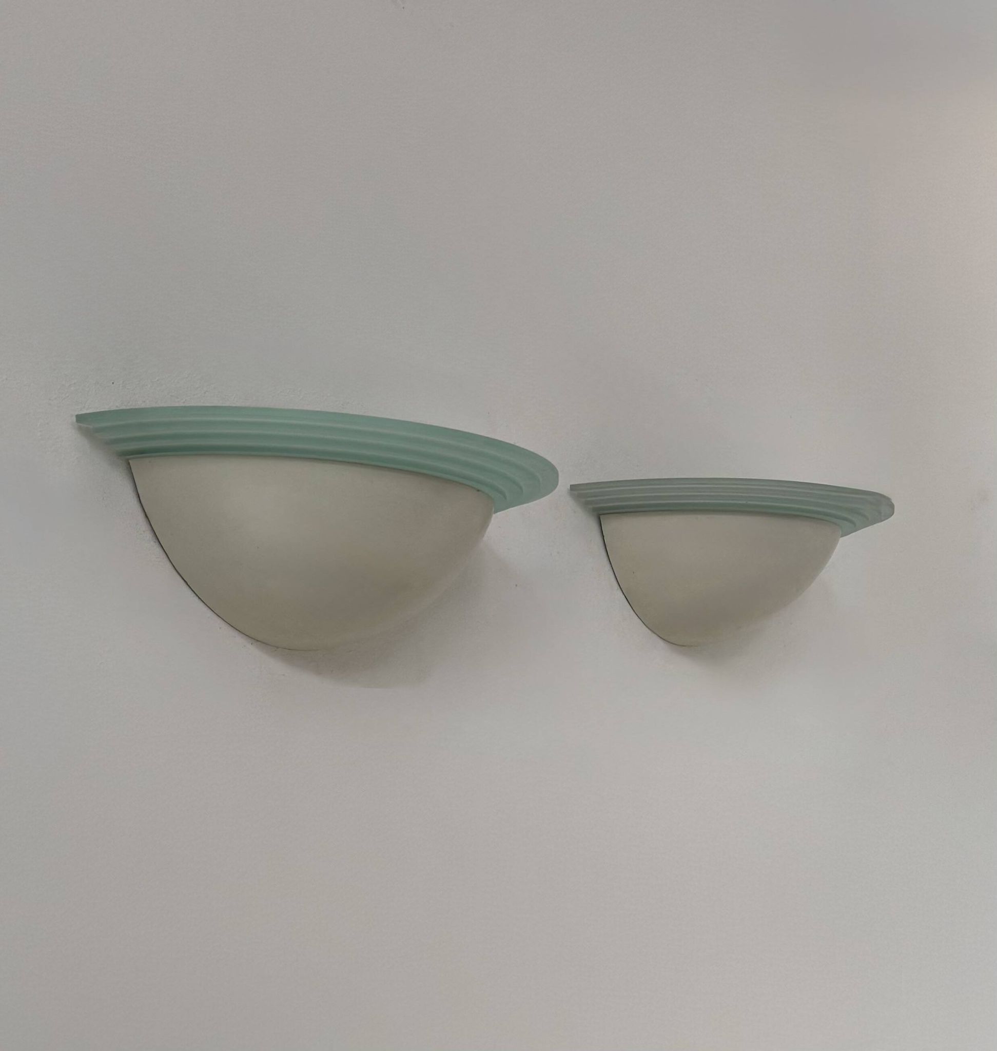Pair of vintage half-moon wall lights, perspex and white metal, France, 1970.