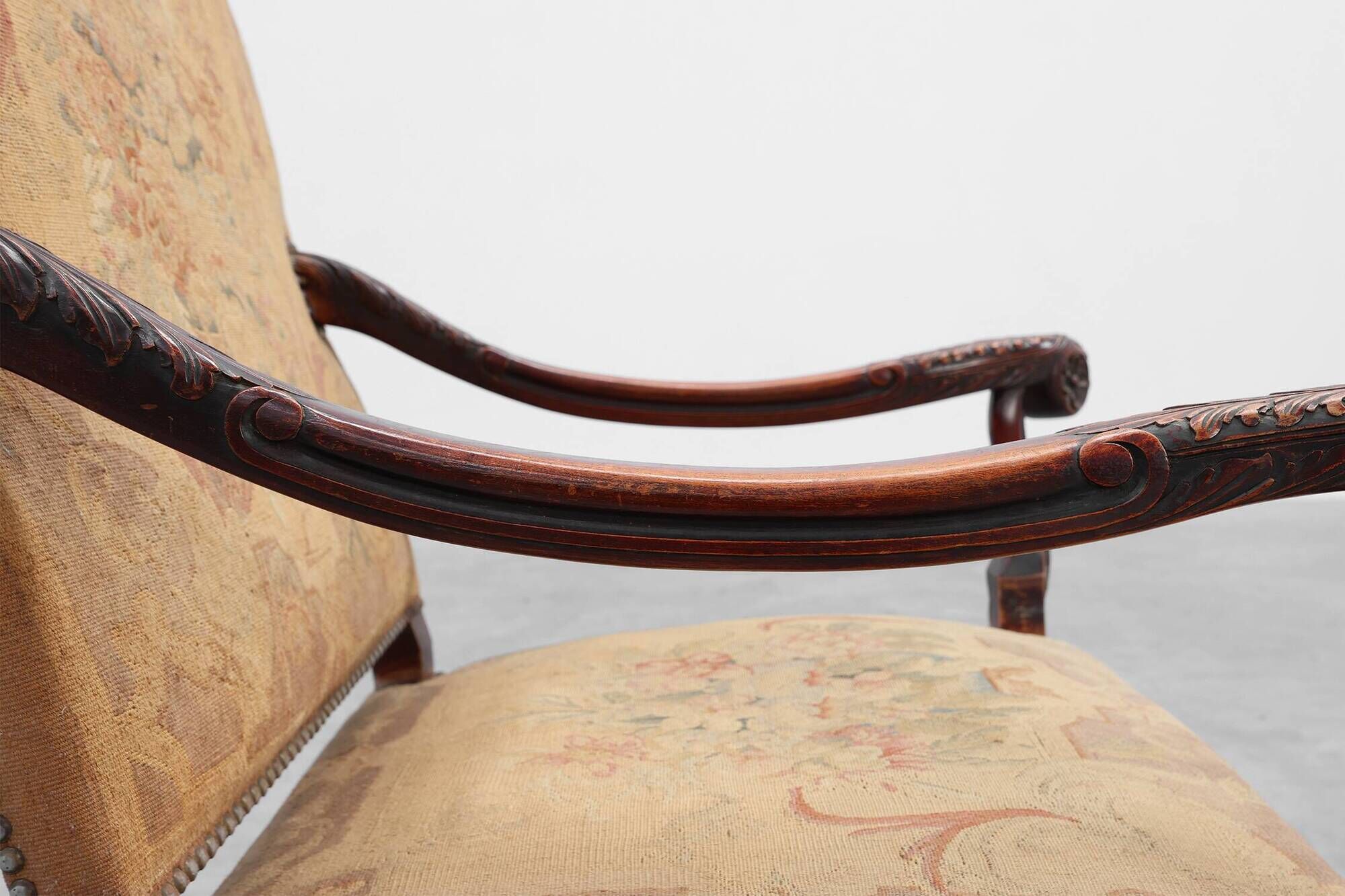 Louis XV Style Carved Walnut Armchair with Needlepoint Upholstery, France