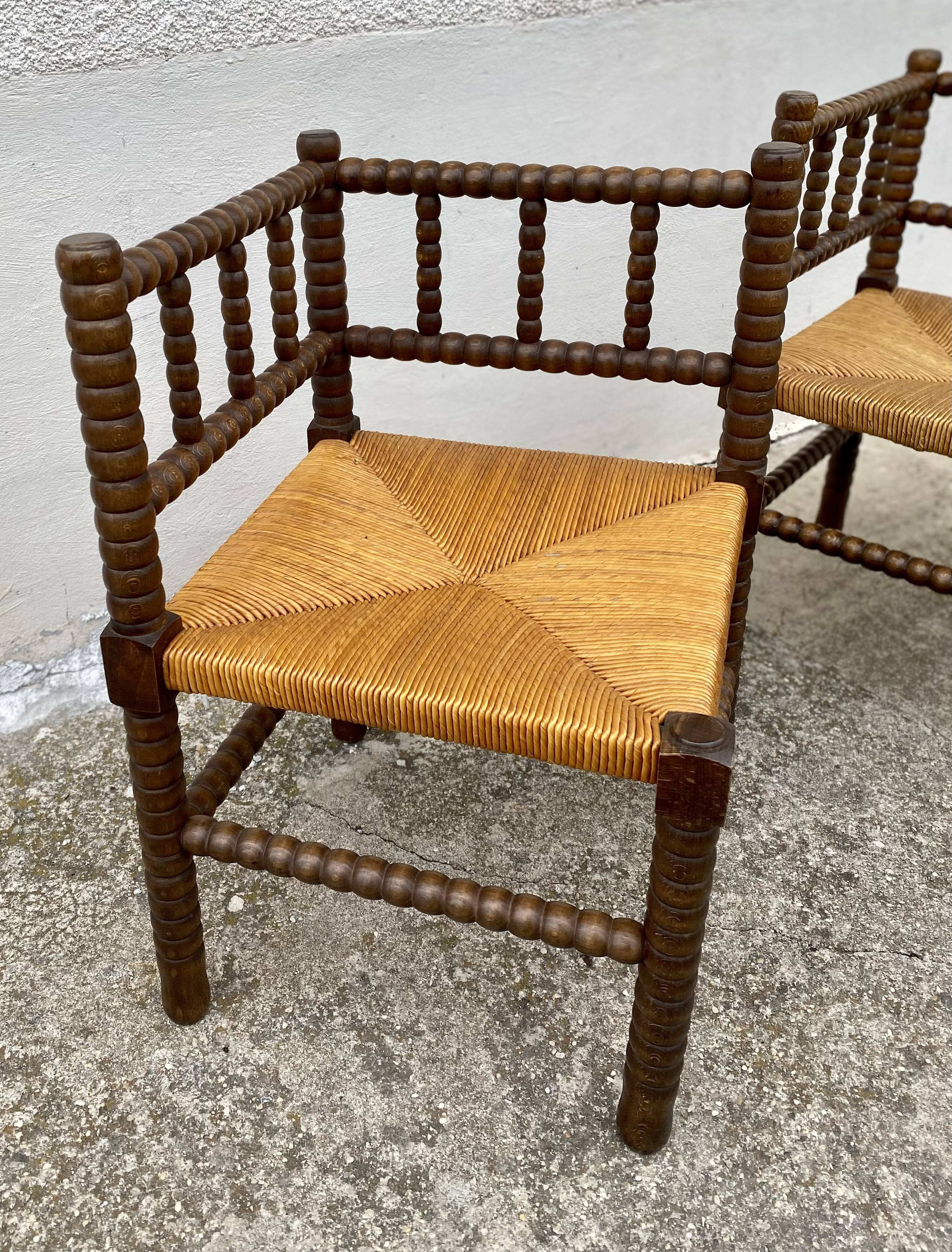 Pair of turned wood straw corner armchairs, Vintage 1950s