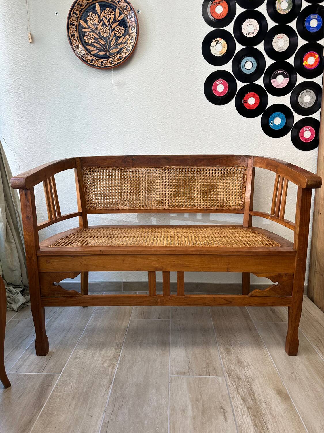 Art Deco wooden and cane bench