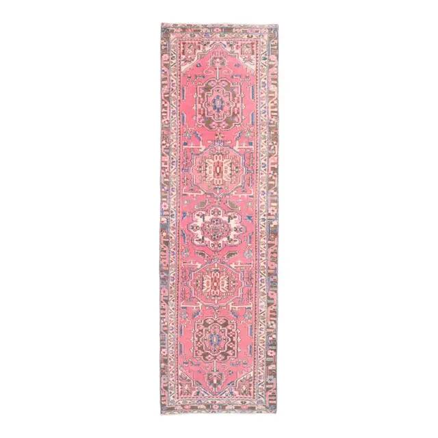 1970s Vintage Turkish Hand-Knotted Wool Cotton Pink Runner Rug 95x320