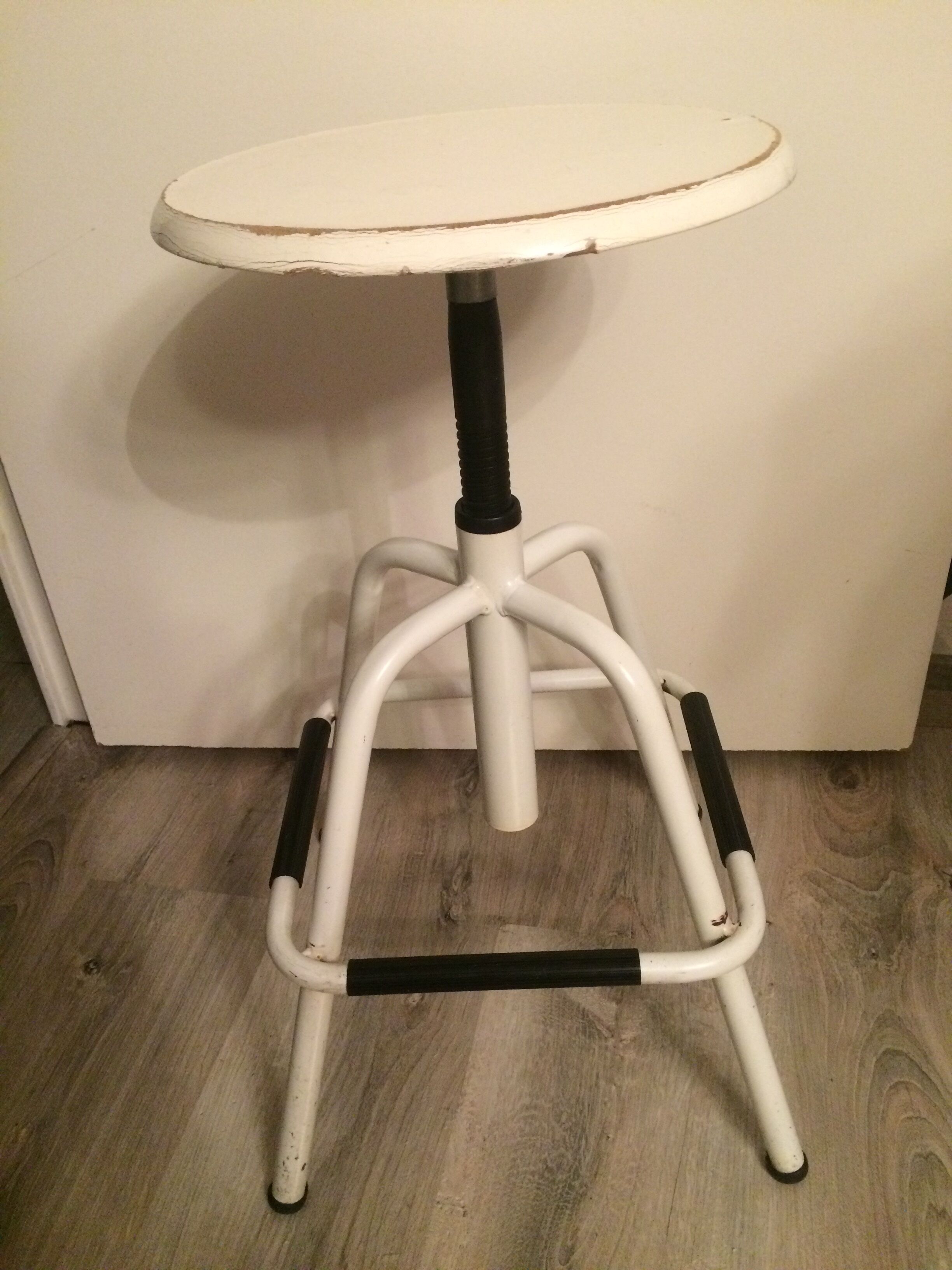 Vintage medical stool made of wood and white metal 1970