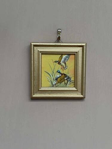 Mid-Century Oil on Panel “ Birds” by Unknown, Vintage & Framed 11 × 11 cm
