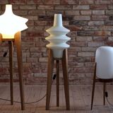 Space Age Floor Lamp, White Glass Lampshade, Wooden Tripod Base, 1960s