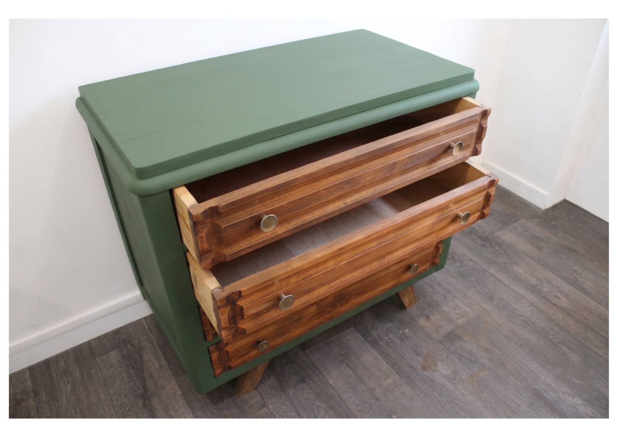 Commode vintage 4 tiroirs verte et bois