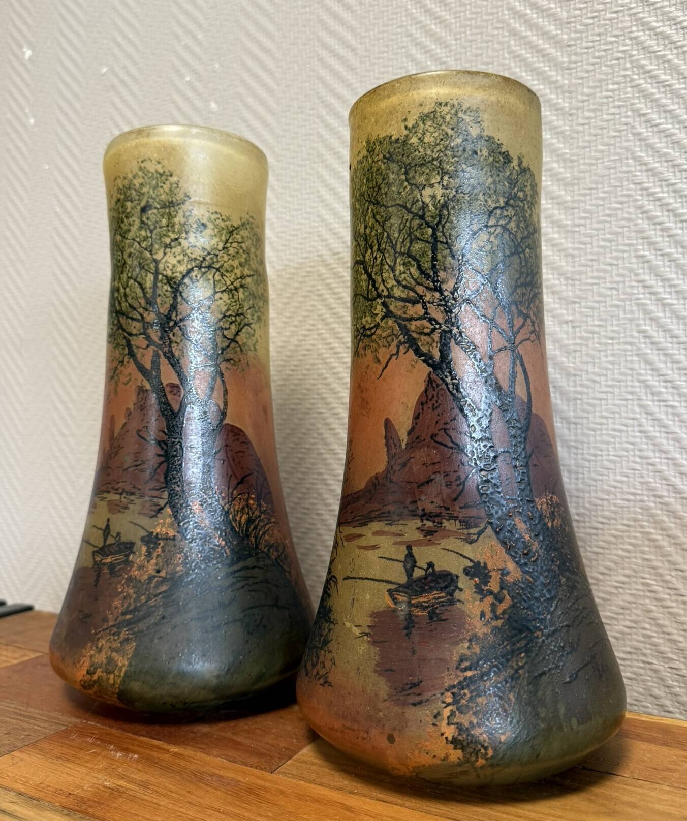 According to Legras: Pair of stained glass roller vases