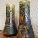 According to Legras: Pair of stained glass roller vases