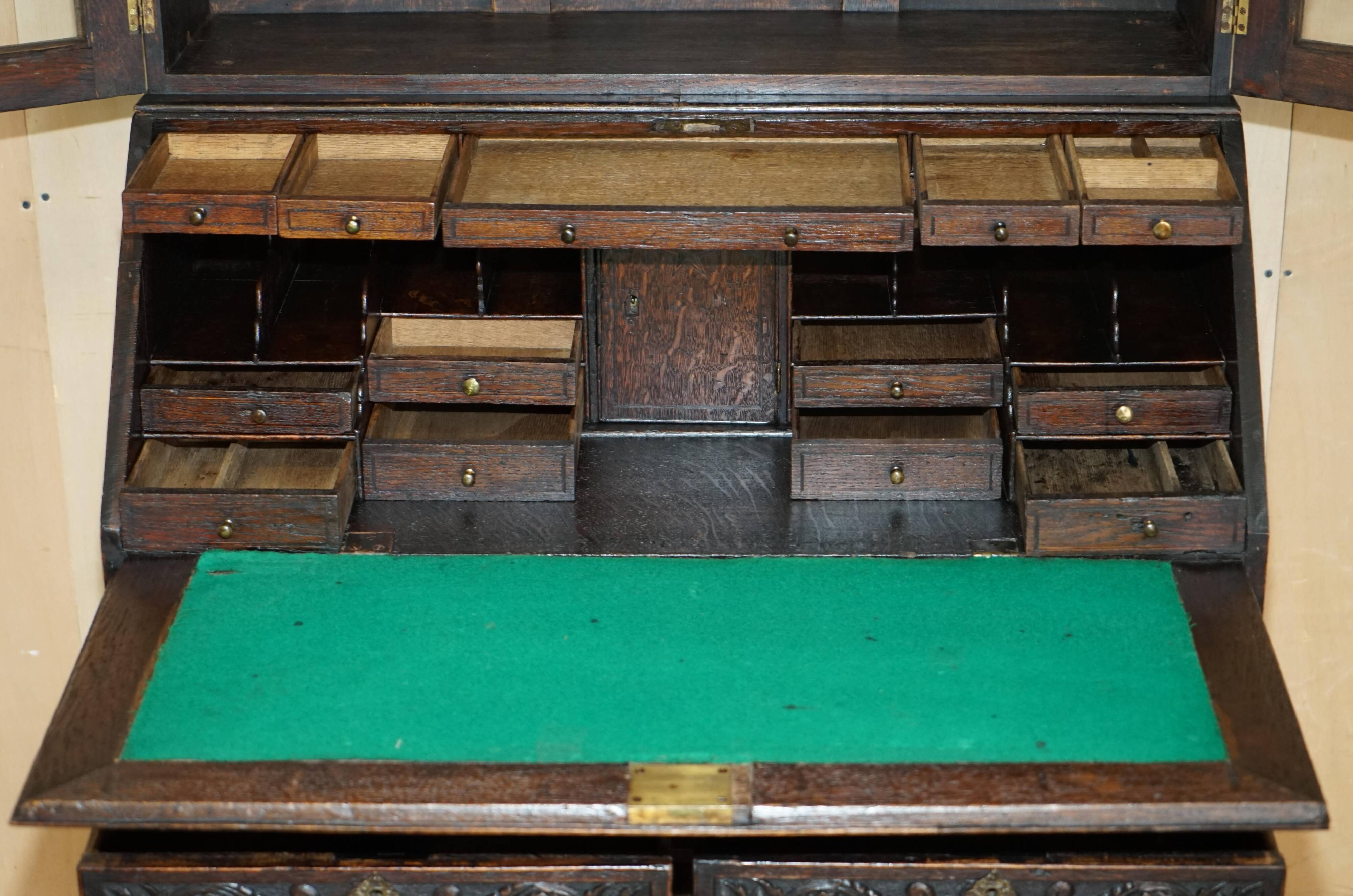 Library Desk in Carved Oak with Brass Handles