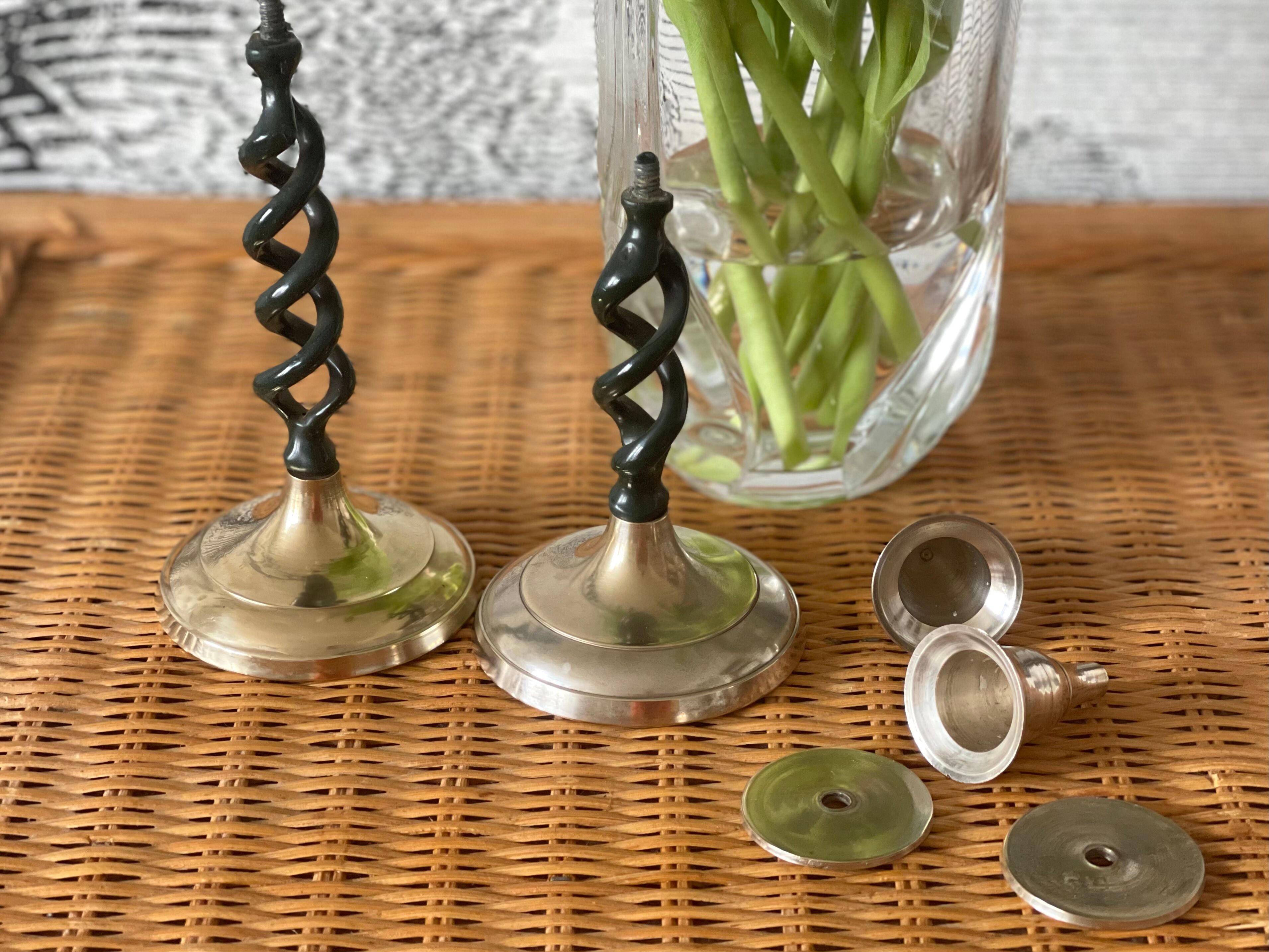 2 candle holders in brass and ceramic 1950
