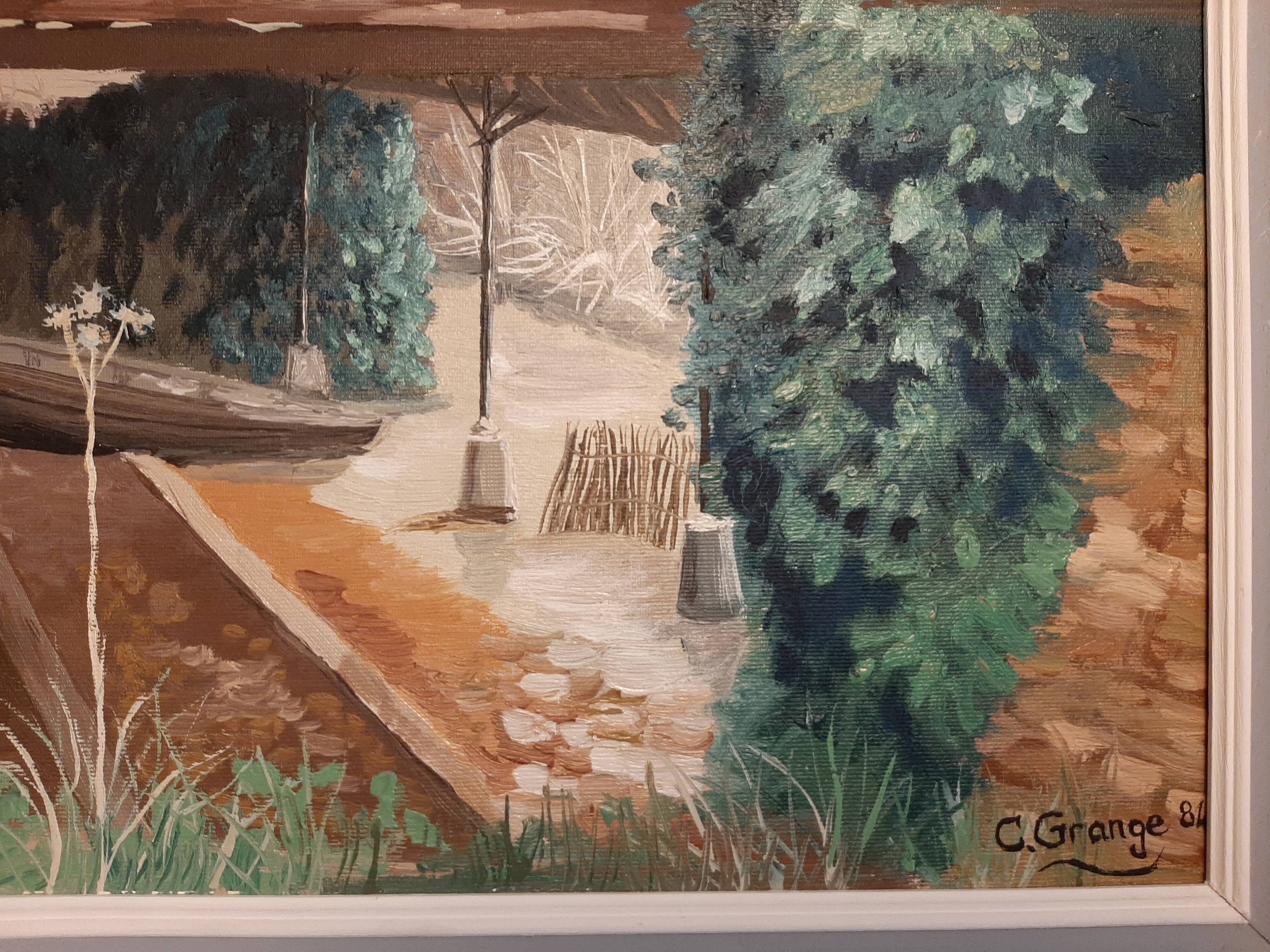 Huile sur toile représentant un abri à barques à Montbazon