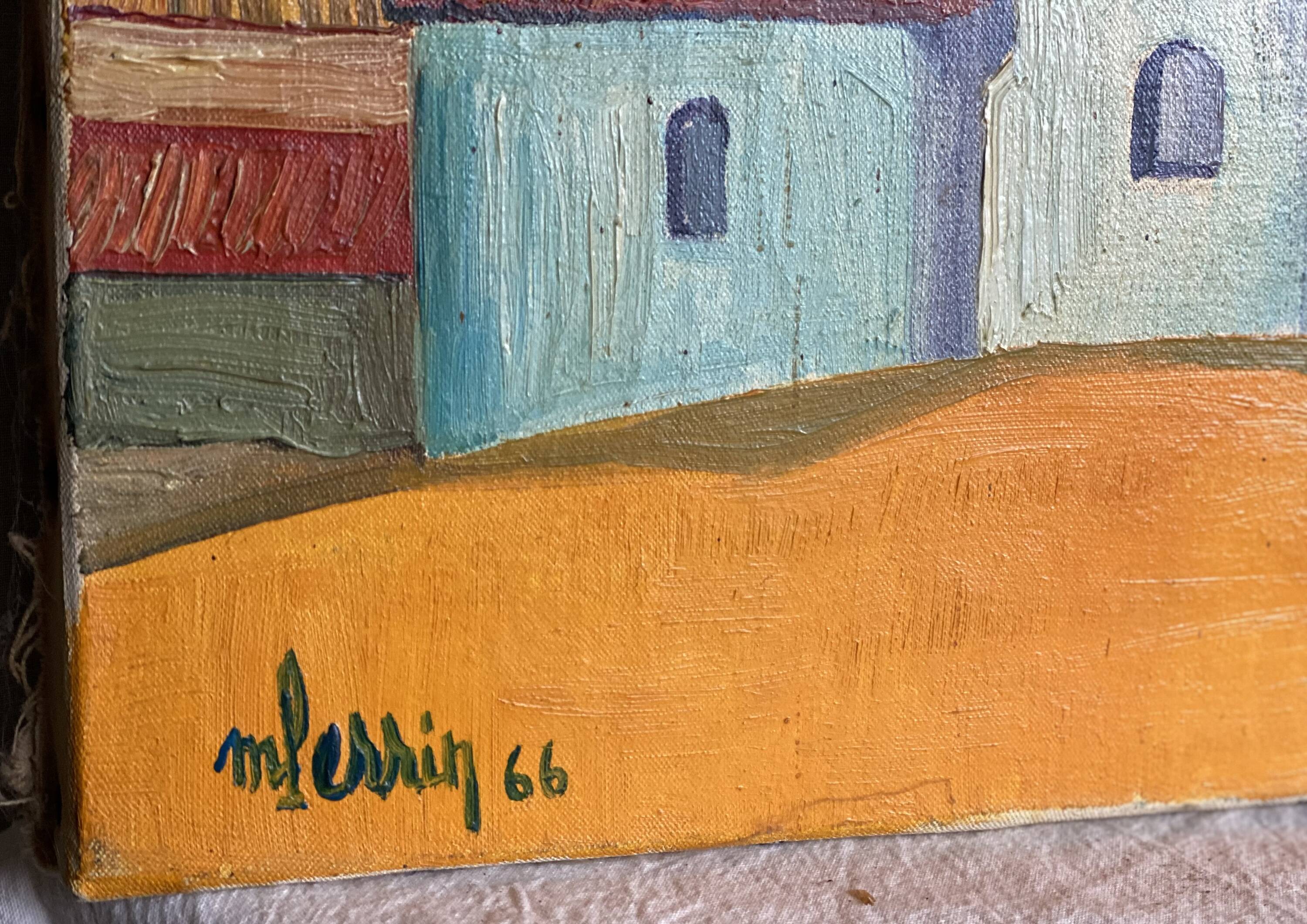 Painting by Michel Perrin, Provence church on yellow background, 1966