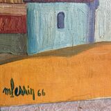 Tableau de Michel Perrin "Eglise de provence sur fond jaune" 1966