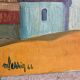 Painting by Michel Perrin, Provence church on yellow background, 1966