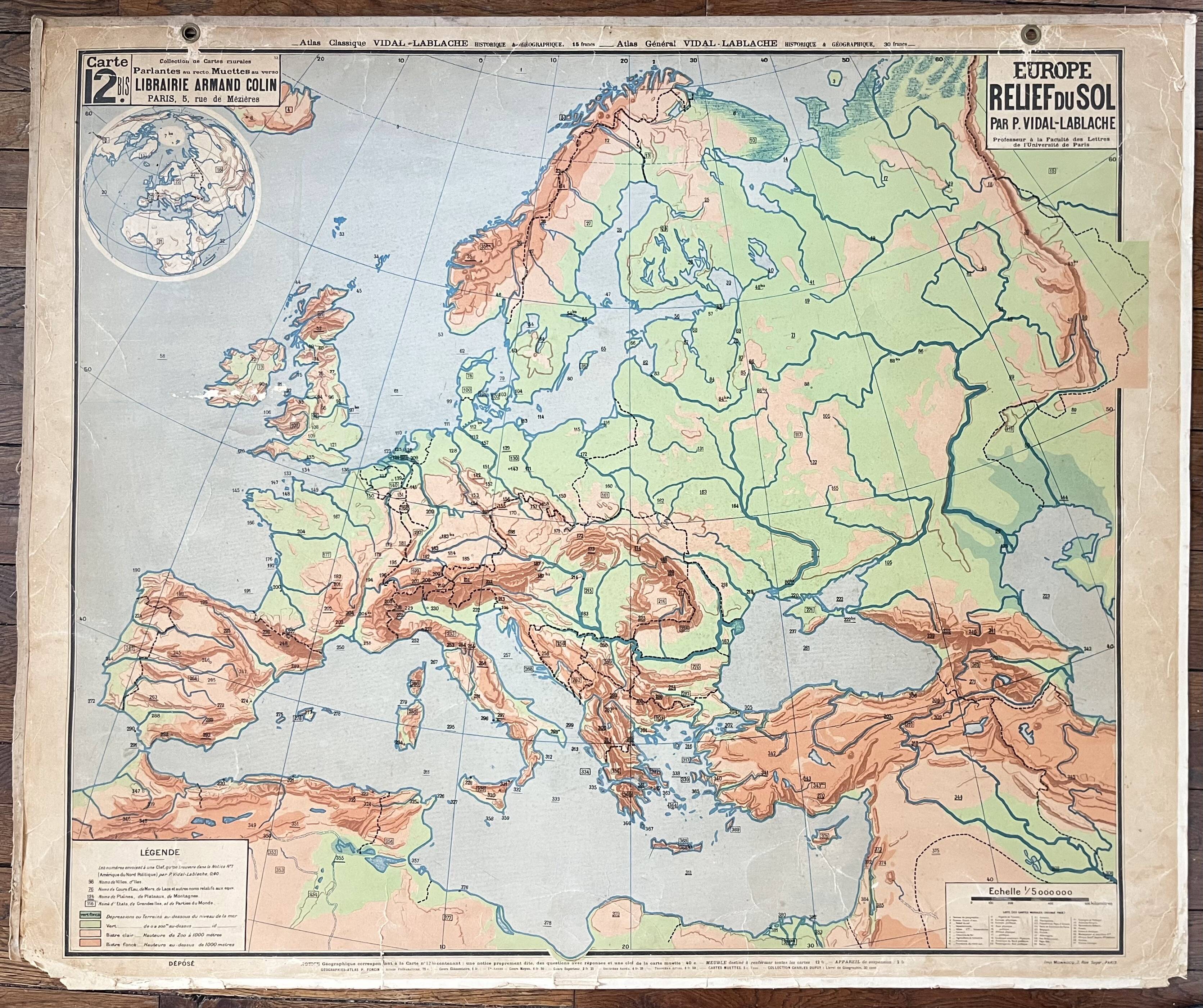 Old school map Vidal-Lablache Mézières 12, T33, 1910 Europe relief