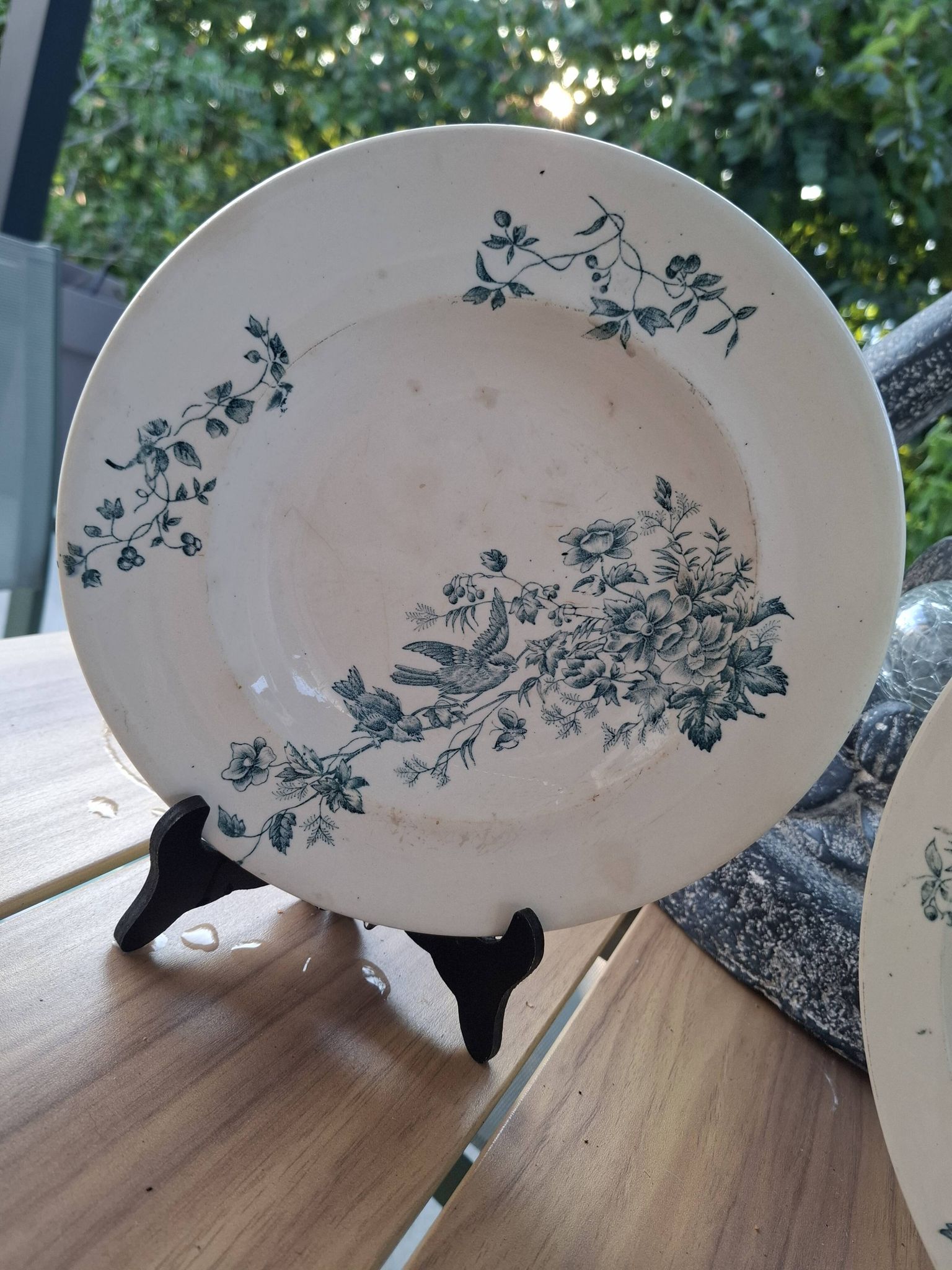 Old set of 2 terre de fer longwy dishes – bird and flower decoration