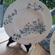 Old set of 2 terre de fer longwy dishes – bird and flower decoration