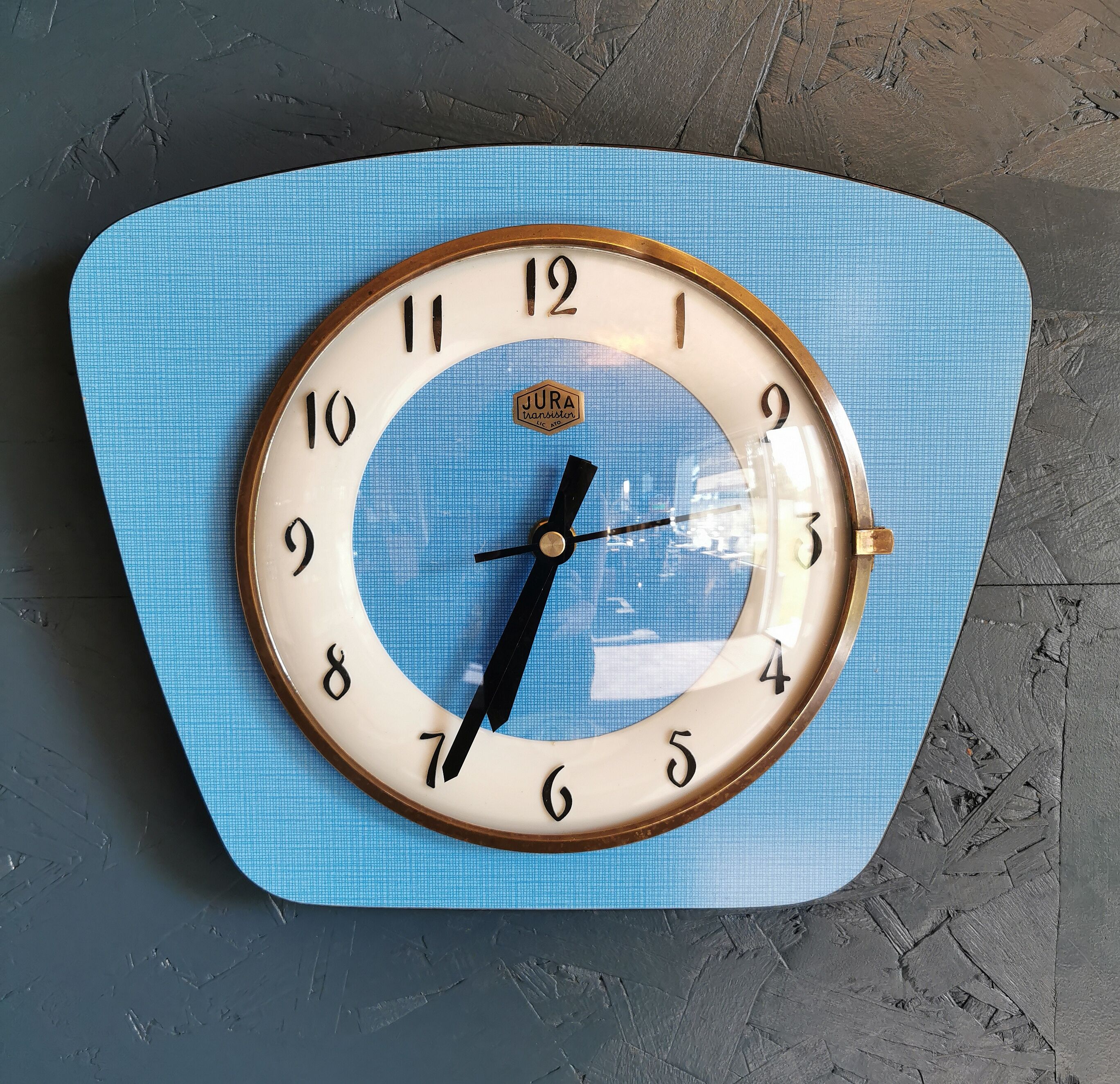 Vintage formica clock silent trapeze wall clock "Blue Jura"