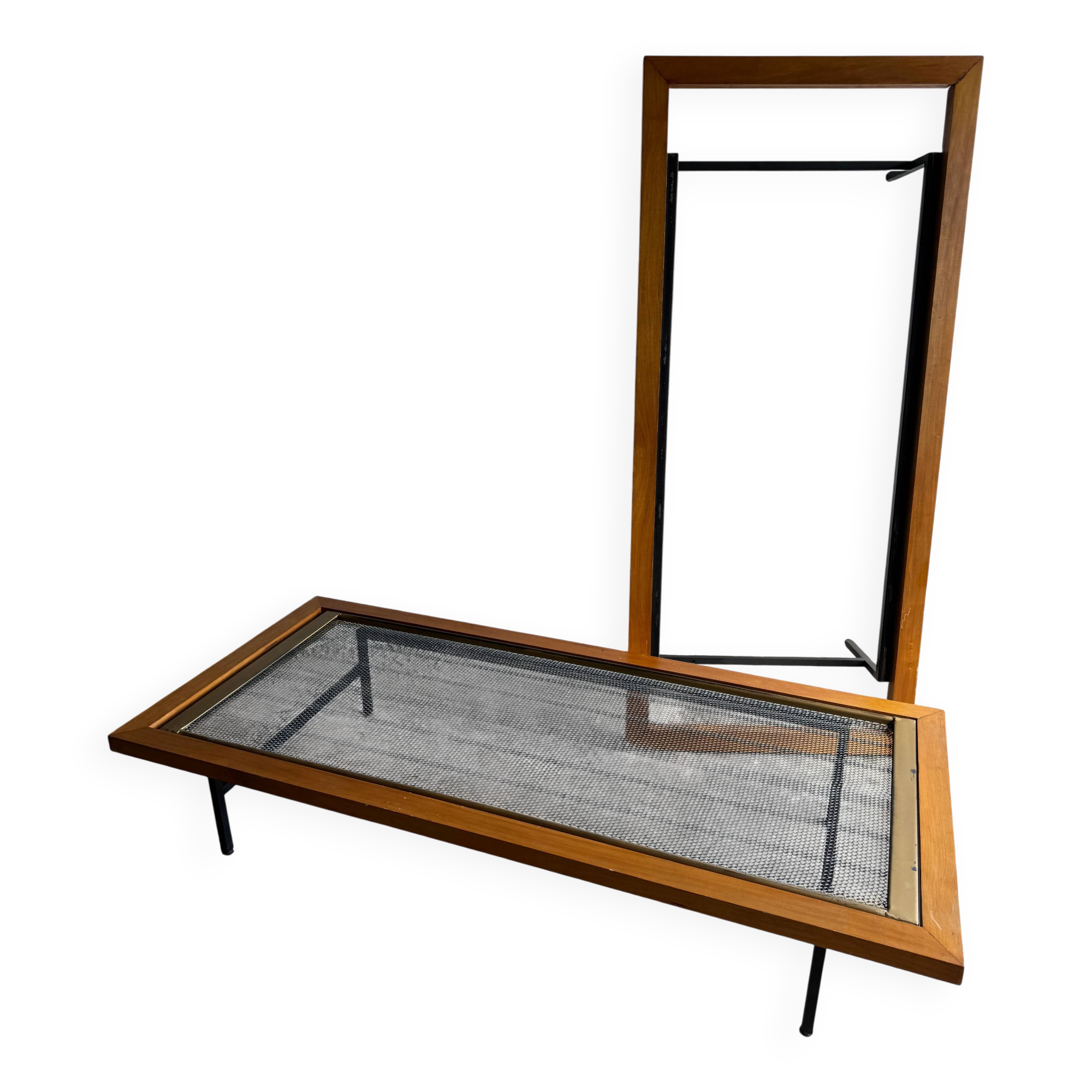 Set of 2 DeCoene Minimalist Daybeds — Natural Wood & Black Metal Mesh with Brass Trim