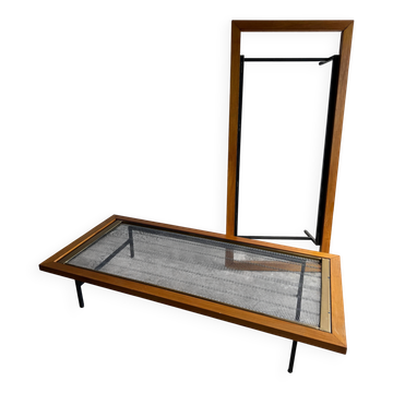 Set of 2 DeCoene Minimalist Daybeds — Natural Wood & Black Metal Mesh with Brass Trim
