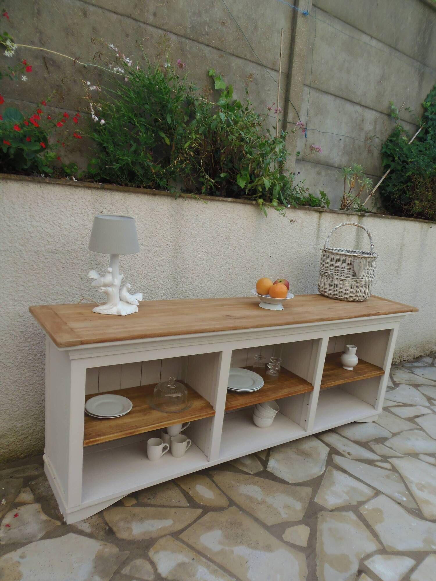 Craft furniture enhanced in pearl gray, shelves and top in raw wood.