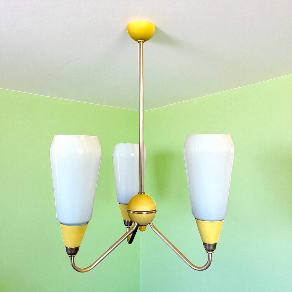 Mid Century Modern opaline glass 3-light chandelier