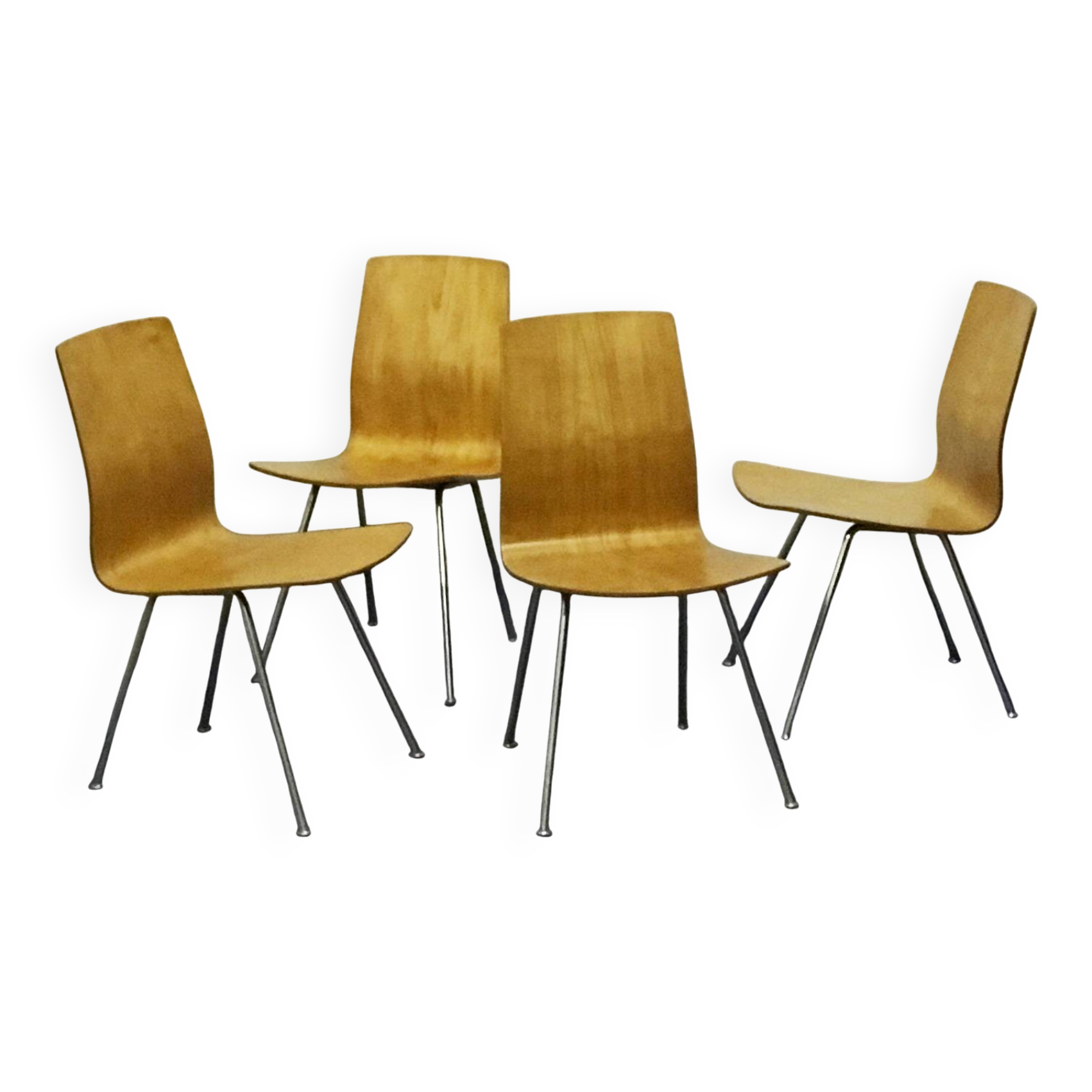 4 chaises modernistes suisses, contreplaqué moulé et métal – circa 1960
