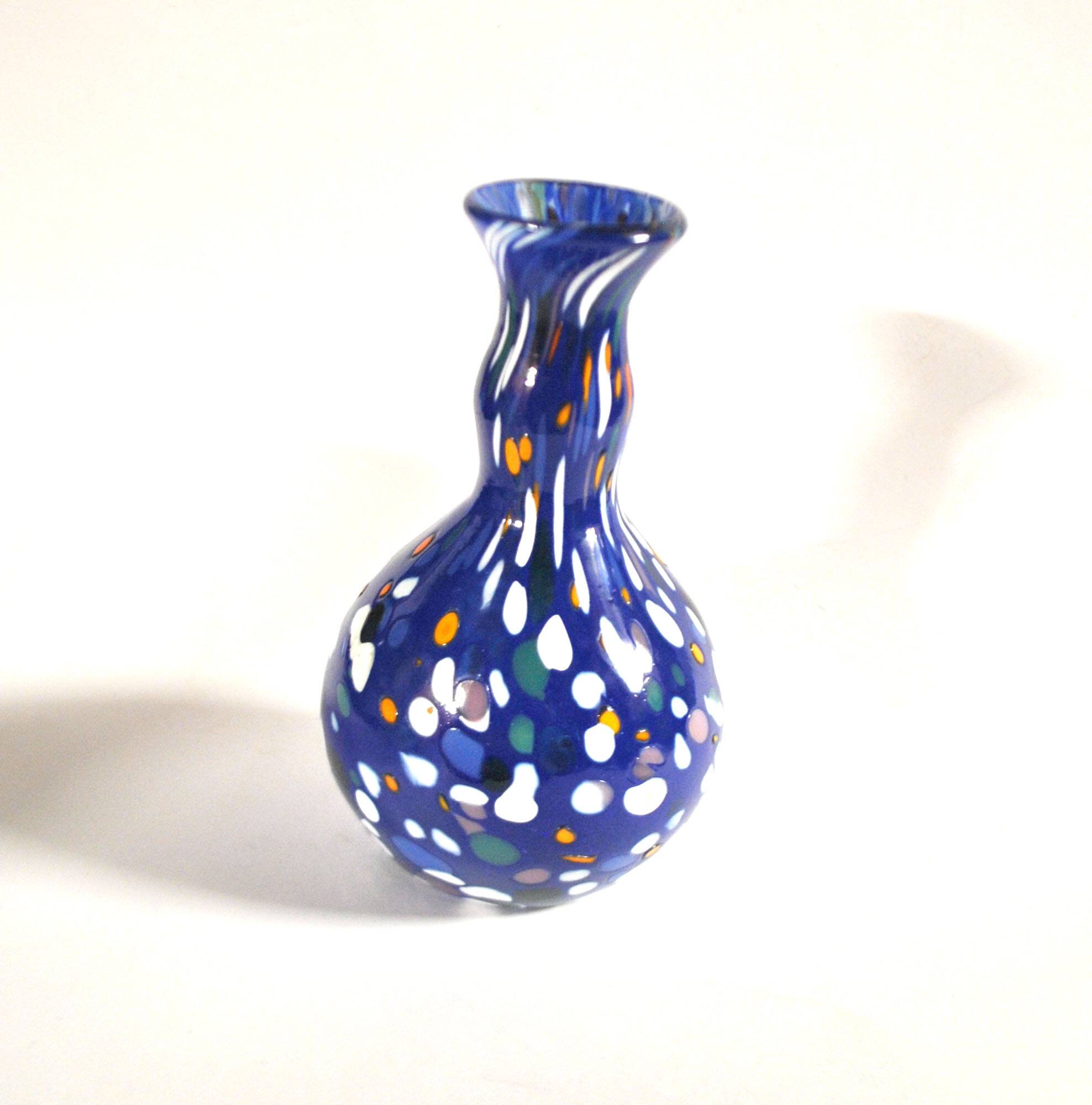 Vintage biot vase in double blown blue glass, coloured dot, design 2000 signed "arnold biot"