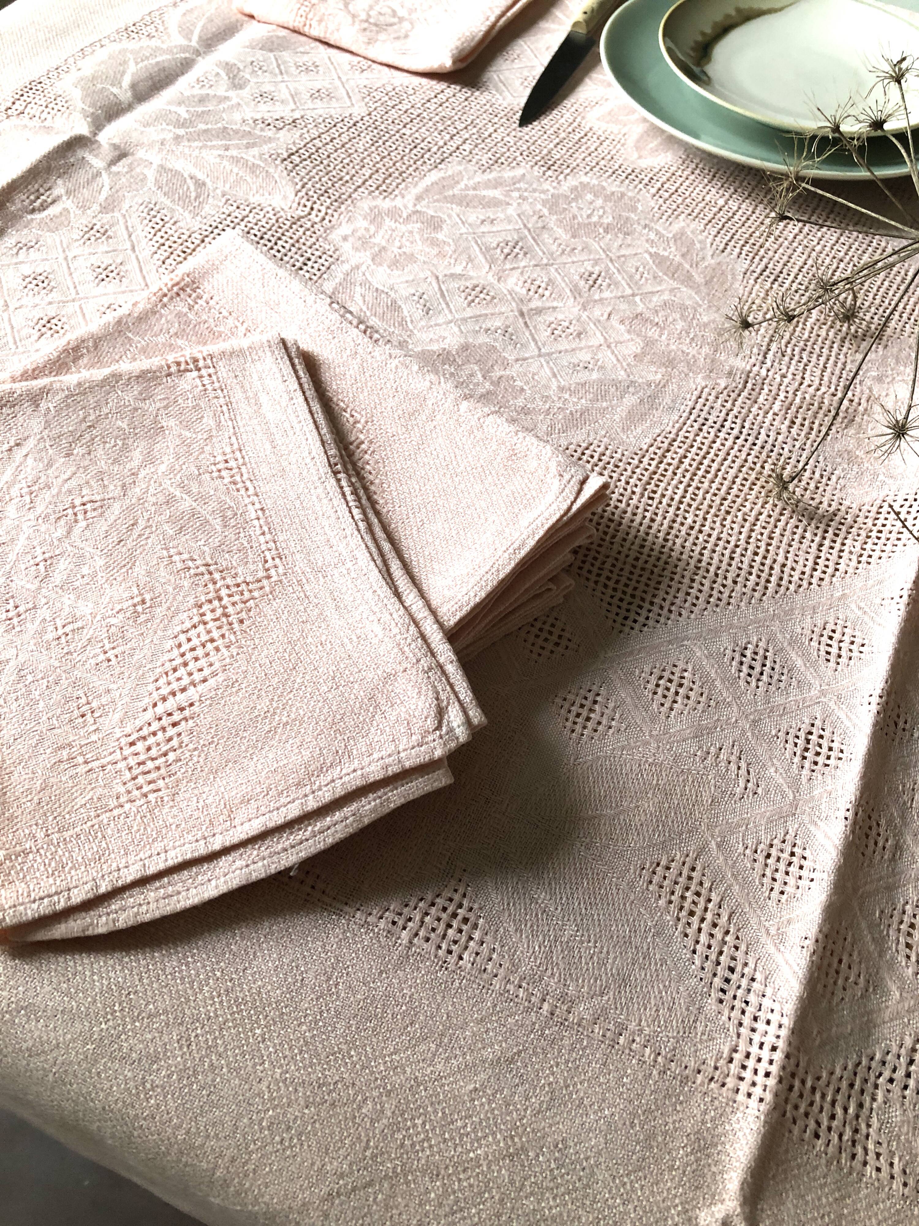 Antique tablecloth in pure linen tinted coral pink